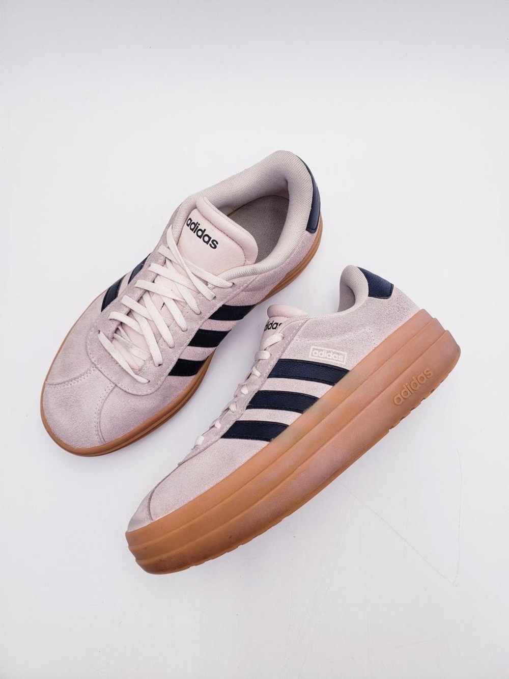 adidas Women’s Light Pink Suede Sneakers with Navy Stripes and Gum Platform